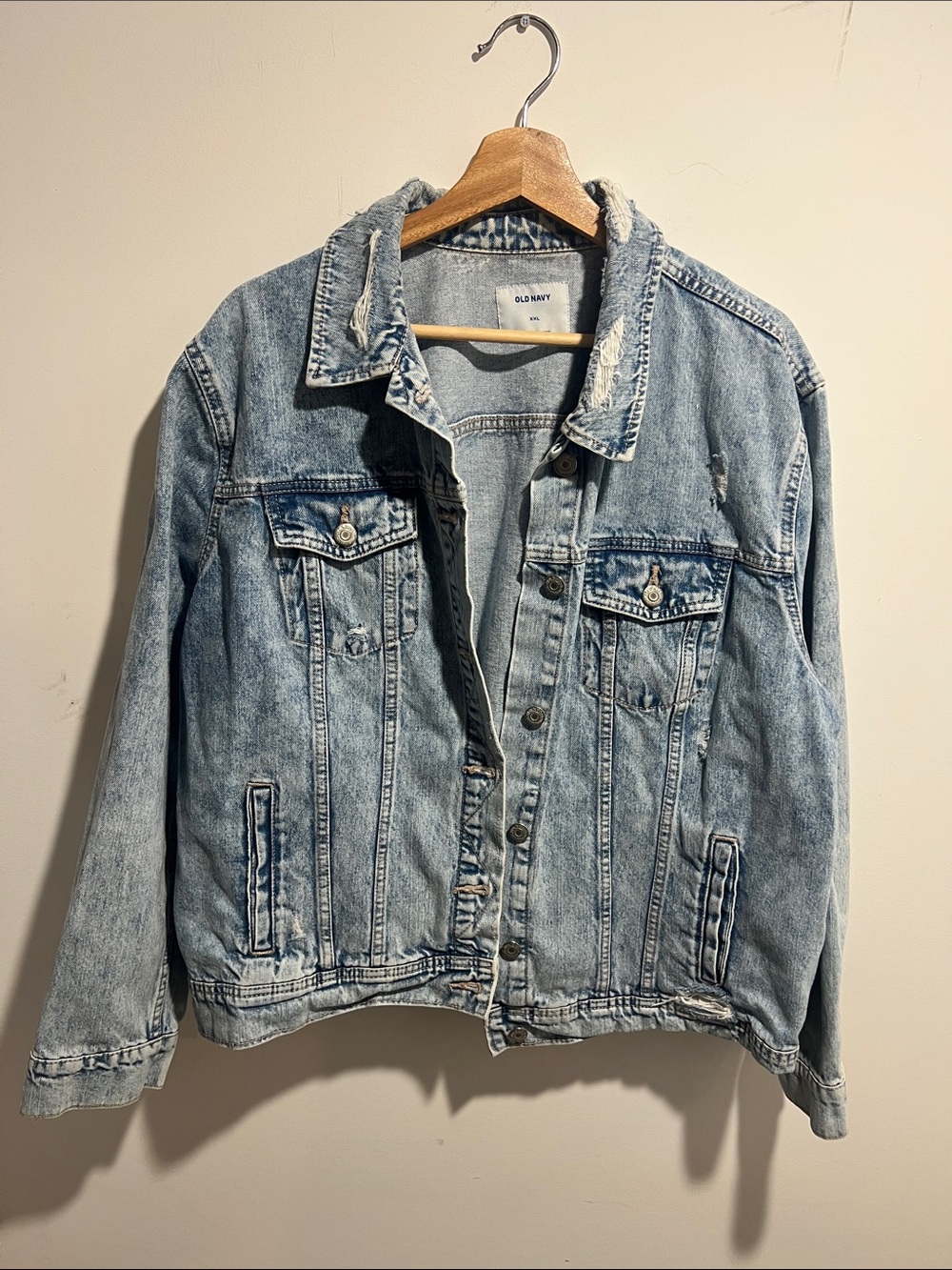 Old Navy Women's Faded Light Blue Distressed Denim Jacket Size XXL